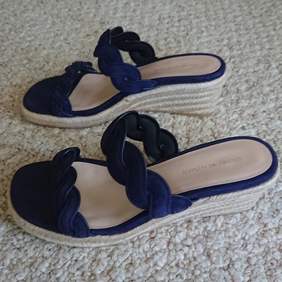 Stuart Weitzman navy Blue Twist Suede Wedge Sandals size 6.5 - Picture 3 of 13